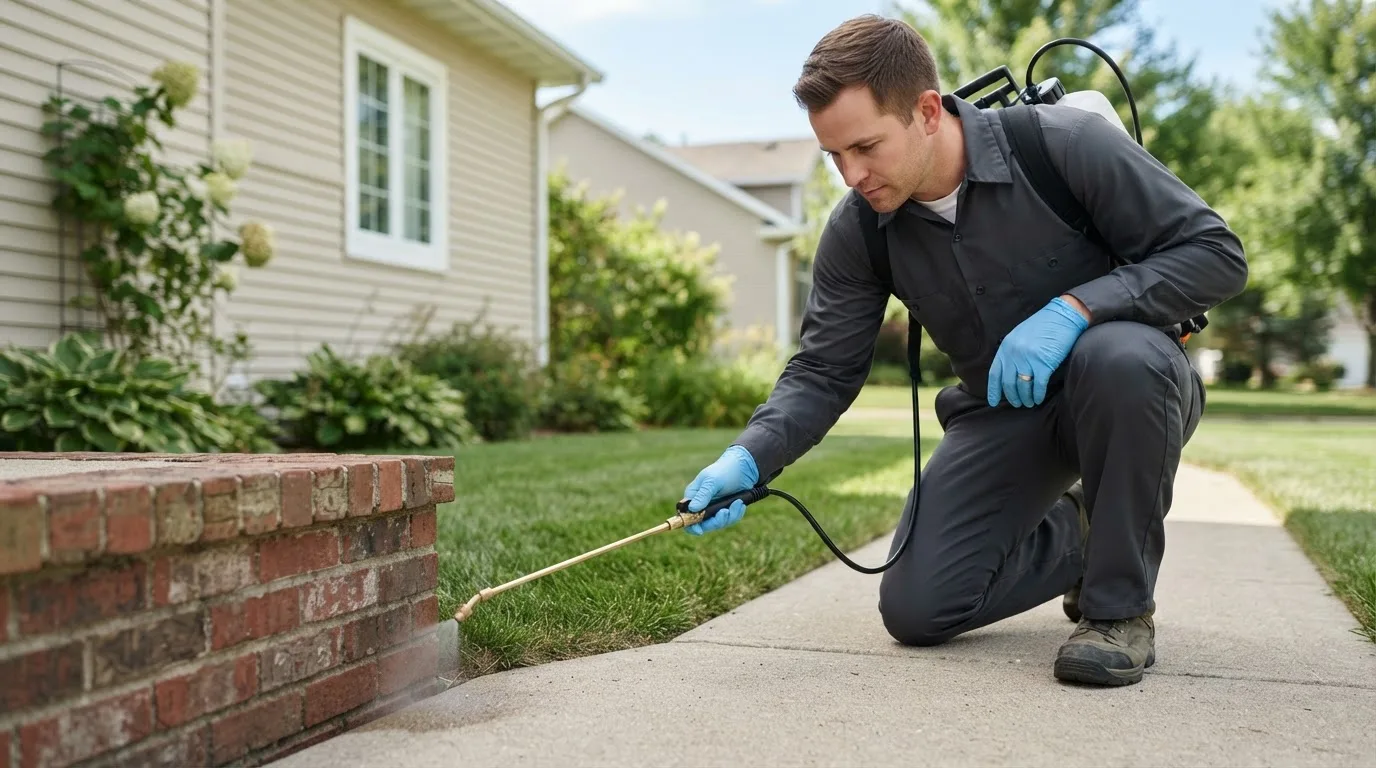 Pest control technician treating a home near Burlington, OK