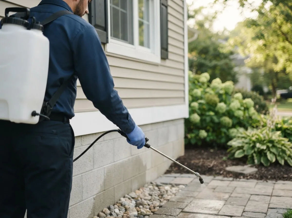 Pest control technician inspecting a home in Burlington, OK